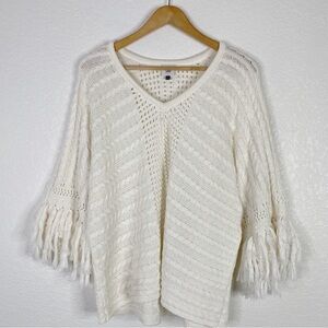 CAbi Cream V-Neck Sweater with Fringe